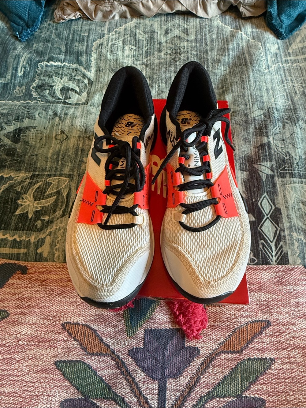 New Balance Women’s White and Red Athletic Running Shoes with Black Accents